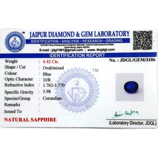 4.42ct Certified Natural Blue Sapphire Neelam Gemstone 