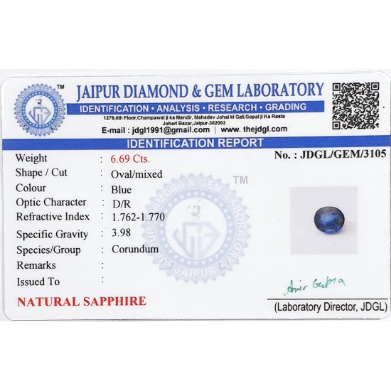 6.69ct Certified Natural Blue Sapphire Neelam Gemstone 