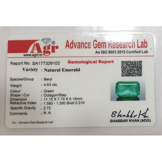 4.63 Ct Certified Super Premium Unheated Natural Zambian Emerald Gemstone 