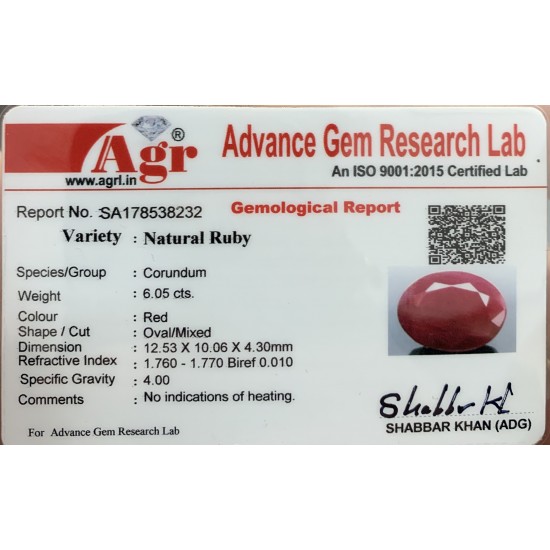 6.05 Ct 6.50 Ratti Natural Untreated Certified Ruby Earth Mined 6.05 Ct 6.50 Ratti Natural Untreated Certified Ruby Earth Mined
